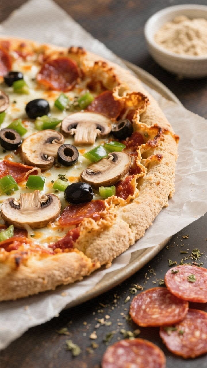 45-degree angle shot of an almond flour “supreme” pizza on a parchment-lined pizza pan: sturdy, lightly golden fathead-style crust, thin swipe of low-carb pizza sauce, toppings of sliced mushrooms, black olives, diced green bell pepper, and bubbly mozzarella. The perimeter showcases dramatic pepperoni frico edges that overhang and crisp into lacy, caramelized cheese-crunch. A light sprinkle of dried Italian seasoning visible. Include a small bowl of almond flour and a few raw pepperoni slices nearby. Warm, pizzeria vibe, sharp focus on frico edge texture.