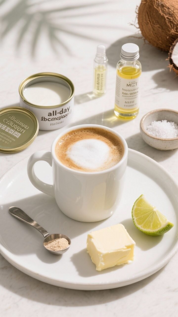 A 45-degree plated presentation of Coconut Collagen Keto Butter Coffee in a white mug, frothy top with a creamy coconut-tan hue, set beside a small open tin of full-fat coconut milk, a scoop of collagen peptides on a measuring scoop, a pat of butter, MCT oil in a clear vial, coconut extract bottle, monk fruit/erythritol sweetener, and a pinch bowl of sea salt. Optional wedge of lime off to the side for the suggested twist. Clean, sunlit setting with tropical minimalism; highlight smooth, frothy surface and “all-day glow” freshness.