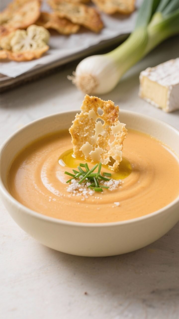 5 Keto Pumpkin Soup Recipes That’ll Make Fall Your Favorite Season A close-up, straight-on shot of Creamy Cauli-Pumpkin Bisque being served in a shallow cream-colored bowl, velvety and glossy with a pale orange hue; perched on top are golden Parmesan crisps standing upright for height, a drizzle of olive oil, fine snips of chives, and a sprinkle of white pepper. Background blur shows a tray of just-baked Parmesan crisps on parchment, a sliced leek, and a small block of cream cheese. Soft, diffused light highlighting silky texture and the contrast between crisp, lacy Parmesan and smooth bisque.