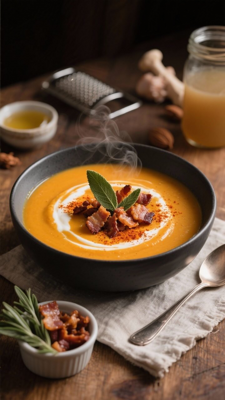 5 Keto Pumpkin Soup Recipes That’ll Make Fall Your Favorite Season A cozy 45-degree plated shot of Smoky Bacon & Sage Pumpkin Soup in a matte charcoal bowl, silky pumpkin base with a visible swirl of heavy cream, topped with extra-crispy bacon bits, fried sage leaves, and a dusting of smoked paprika; browned butter sheen around the edges, steam gently rising. Style on a warm wood table with a small ramekin of bacon bits, fresh sage sprigs, and a spoon resting on a linen napkin; include ingredients hints in background: a small dish of apple cider vinegar, nutmeg grater, and a jar of chicken bone broth. Moody fall lighting emphasizing creamy texture and smoky, golden-orange tones.