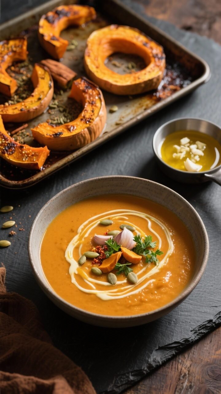 5 Keto Pumpkin Soup Recipes That’ll Make Fall Your Favorite Season A rustic 45-degree process-to-plate scene for Spiced Roasted Pumpkin Soup: foreground features a deep bowl of blended, caramelized-orange soup with a rich sheen, finished with a dramatic garlic ghee drizzle in thin ribbons, pumpkin seeds, and chopped parsley. In the mid-ground, a sheet pan with roasted, spice-dusted pumpkin wedges (cumin, coriander, cinnamon) slightly charred at the edges; to the side, a small pan of warm ghee with grated garlic. Warm, golden lighting, visible texture from the roast, and subtle cayenne hint; styled on dark stone to amplify autumnal depth.