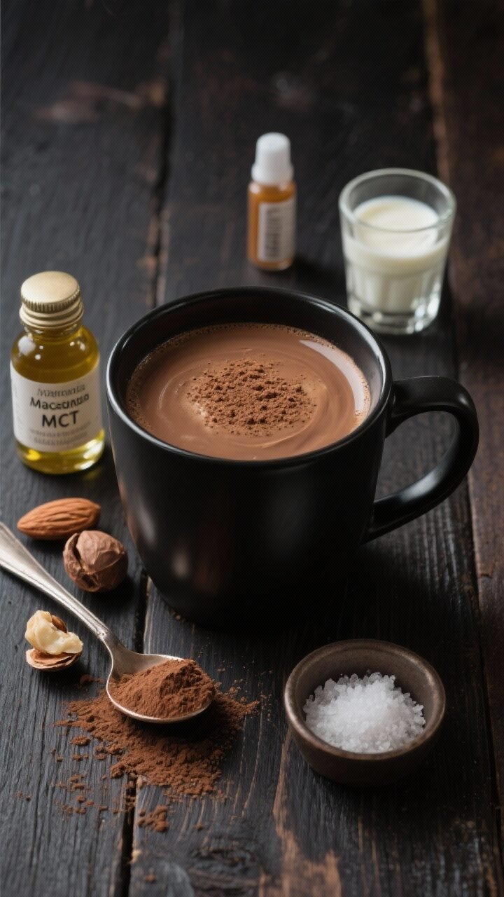 A straight-on, moody close-up of Mocha Macadamia Keto Butter Coffee poured into a matte black mug, glossy and fluffy surface with a light cocoa dusting on top. Style with ingredients that define the profile: a spoonful of Dutch-process cocoa powder, a small bottle of macadamia nut oil or MCT oil, a few macadamia nuts, a vial labeled almond extract, heavy cream in a shot glass, and a pinch dish of sea salt. Include a tiny ramekin of sweetener. Dark wood background, rich contrasts to emphasize the velvety mocha color and indulgent sheen.