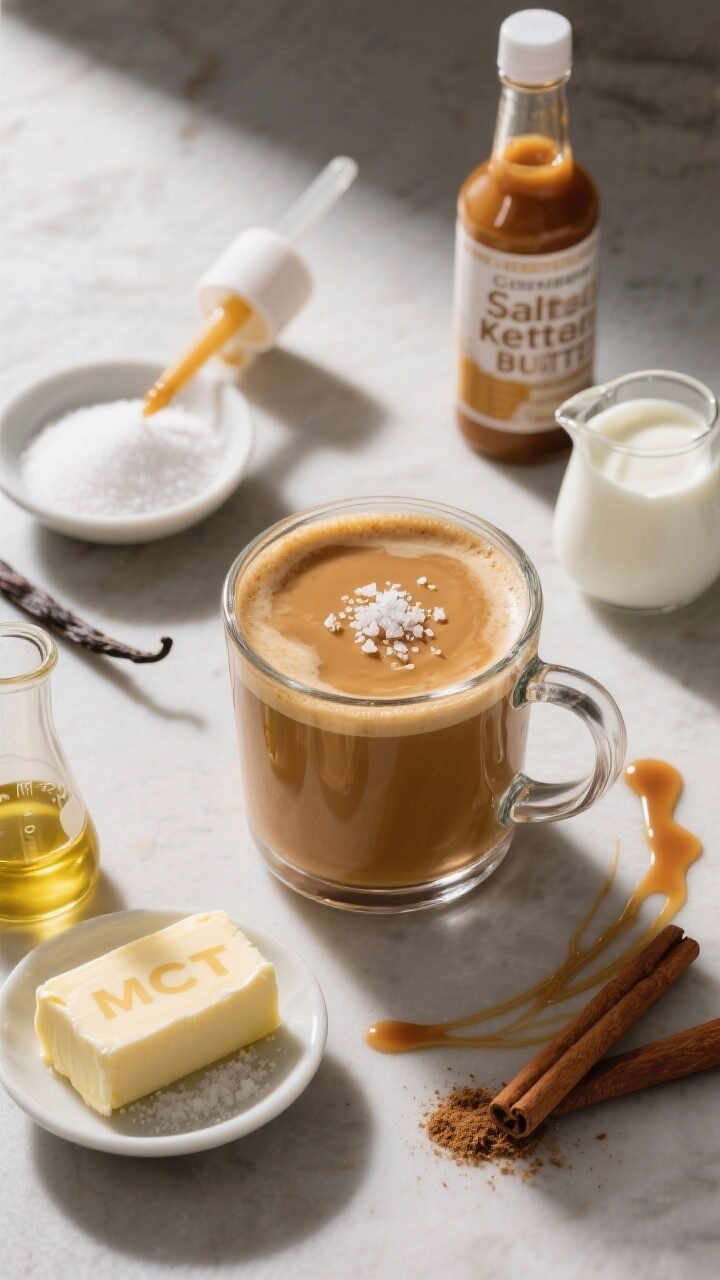 An overhead flat lay of Salted Caramel Keto Butter Coffee, final presentation in a clear glass mug to reveal creamy caramel-tan color and airy foam, topped with a few flakes of flaky sea salt. Surround with key elements: vanilla extract bottle, caramel extract dropper, a dish of erythritol/monk fruit blend, butter pat, MCT oil in a small beaker, and a tiny pitcher of heavy cream. Include a minimal drizzle line of sugar-free caramel syrup on the tabletop and a cinnamon pinch nearby. Cool, cozy tones with café ambiance; crisp shadows and clean styling.