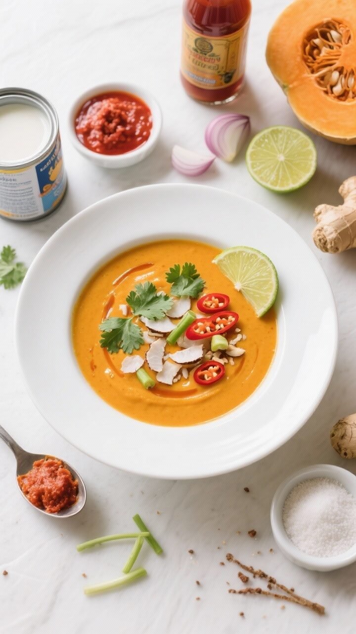 5 Keto Pumpkin Soup Recipes That’ll Make Fall Your Favorite Season An overhead flat-lay of Thai-Inspired Coconut Pumpkin Soup, bright orange and ultra-smooth in a wide white bowl, finished with a glossy drizzle of chili oil, fresh cilantro leaves, sliced scallions, thin rings of red chili, toasted coconut flakes, and a wedge of lime on the rim. Surround the bowl with key ingredients neatly styled: can of full-fat coconut milk, red curry paste dollop on a spoon, fish sauce bottle, a halved lime, shallot slices, fresh ginger nub, and a small dish of keto sweetener. Clean, vibrant styling with high-key light to evoke Thai freshness and chili-lime heat.