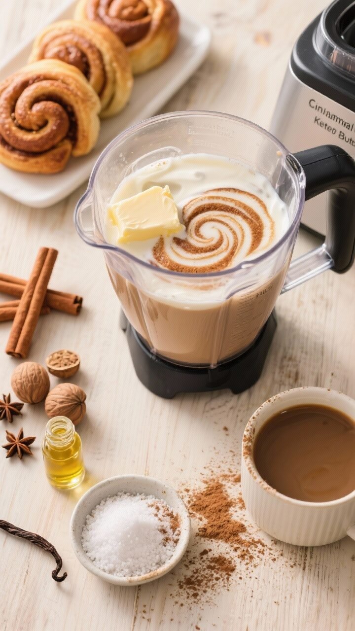 An overhead ingredients-and-process shot for Cinnamon Roll Keto Butter Coffee, showing a blender jug filled with hot coffee, butter, MCT oil, heavy cream, and visible swirls of cinnamon. Arrange neat piles of Ceylon cinnamon, nutmeg, and clove with a small dish of powdered erythritol (“icing” sweetness), plus vanilla extract and a pinch bowl of salt. Add a warmed empty mug nearby dusted lightly with cinnamon. Bright, cozy morning light on a pale wood surface to evoke bakery aromas; emphasize warm browns and creamy textures.