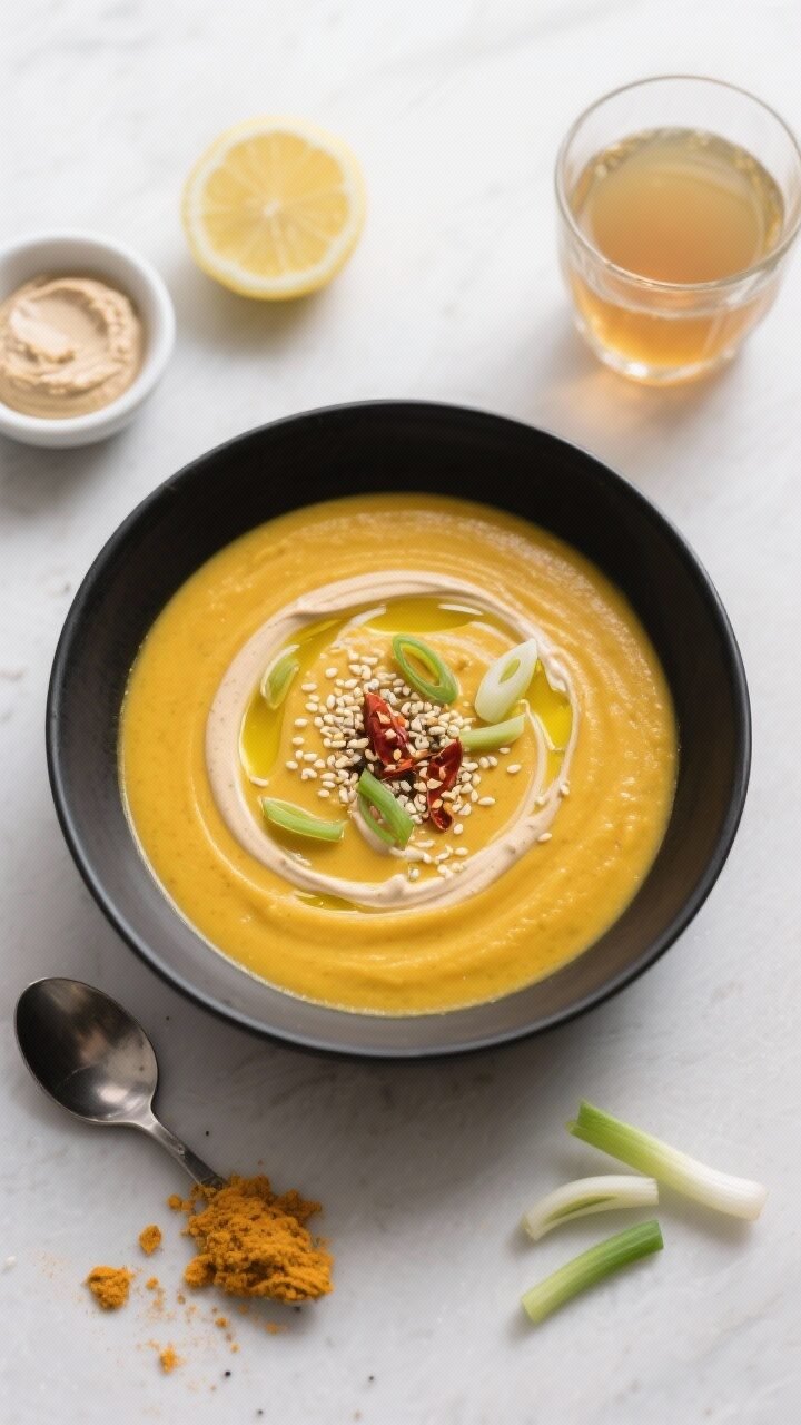5 Keto Pumpkin Soup Recipes That’ll Make Fall Your Favorite Season An overhead minimalist presentation of Velvet Vegan Pumpkin Soup with Miso & Tahini in a matte black bowl, ultra-creamy and smooth with a deep golden hue from turmeric; garnished with a tahini swirl, toasted sesame seeds, a light drizzle of olive oil, a pinch of chili crisp, and a few sliced scallions. Surround with ingredient cues: a small bowl of white miso paste, a spoonful of tahini, ground turmeric, fresh lemon half, and vegetable broth in a glass. Clean modern styling, natural light, emphasizing plant-based richness and umami elegance.