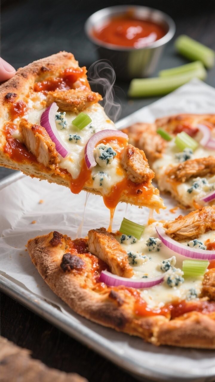 Close-up, straight-on shot of a chicken-crust Buffalo pizza slice being lifted slightly from the pie on a parchment-lined tray: juicy but set chicken base with browned edges, glossy brush of Buffalo hot sauce, melted mozzarella, scattered crumbled blue cheese, thin red onion slices, fresh chopped celery added after bake, with a delicate drizzle of ranch. Steam subtly rising, orange-red sauce sheen popping against the creamy cheeses. Background includes a small ramekin of Buffalo sauce and a few celery bits. Emphasis on saucy tang and cheese textures.