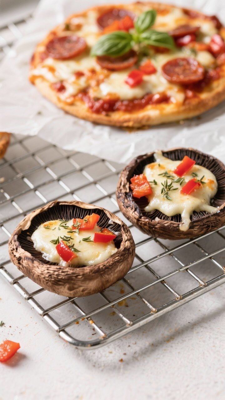 Ingredient-to-final split scene at 45 degrees for portobello mini pizzas on a wire rack over a parchment-lined sheet: foreground shows two capped portobellos gill-side up with a little released moisture dried off; background shows finished caps piled with low-carb marinara, bubbly mozzarella, mini pepperoni, diced red bell pepper, a pinch of dried oregano, and fresh basil garnish. Emphasize meaty mushroom texture, juicy cheese pull, and slight browning from a brief broil. Clean, high-contrast lighting highlighting the glossy sauce and melted cheese.