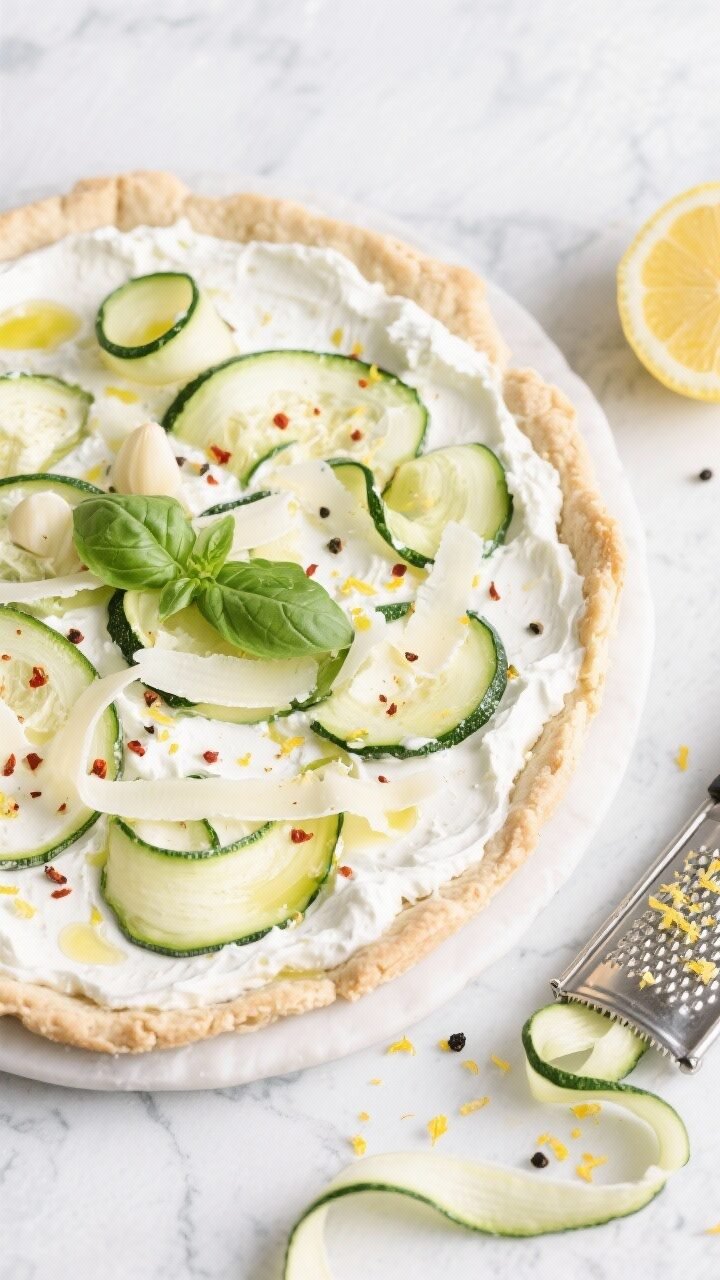 Overhead plated presentation of a white pie with zucchini ribbons and garlicky ricotta on a par-baked fathead crust: ricotta mixed with minced garlic, lemon zest, and olive oil spread luxuriously; pale-green zucchini ribbons arranged in loose curls, sprinkled with shredded mozzarella for topping and a pinch of red pepper flakes. Finished with a drizzle of olive oil, black pepper, and fresh basil leaves. Place on a light stone surface with a microplane showing lemon zest and a peeler with extra zucchini ribbons to one side. Elegant, bright, airy mood.