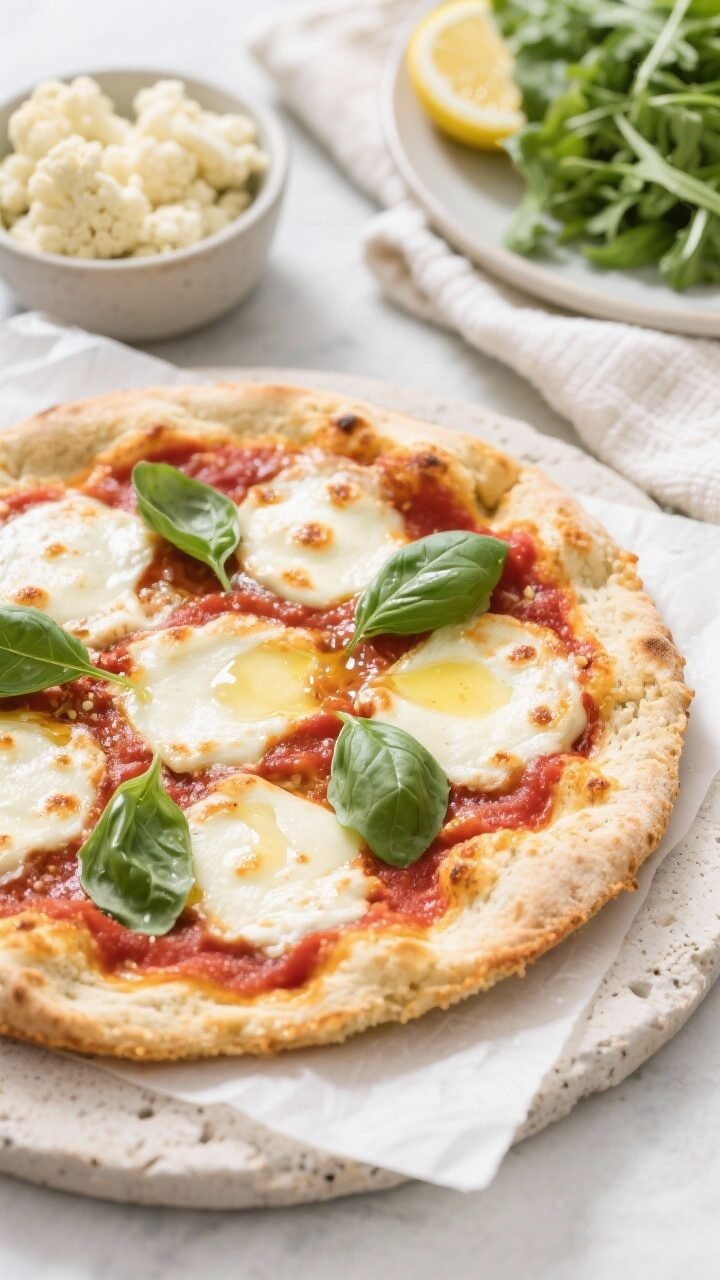 Overhead shot of a freshly baked cauliflower-crust Margherita pizza on parchment over a pizza stone: 10–11 inch round with golden, crispy edges, thin layer of low-carb marinara, melted low-moisture mozzarella browned in spots, glossy drizzle of olive oil, torn fresh basil leaves added after baking. Include a small bowl of riced, squeezed-dry cauliflower and a clean towel off to the side hinting at prep, plus a simple arugula salad with lemon wedge for a fresh counterpoint. Bright, clean lighting emphasizing crisp texture and airy crumb, no people.
