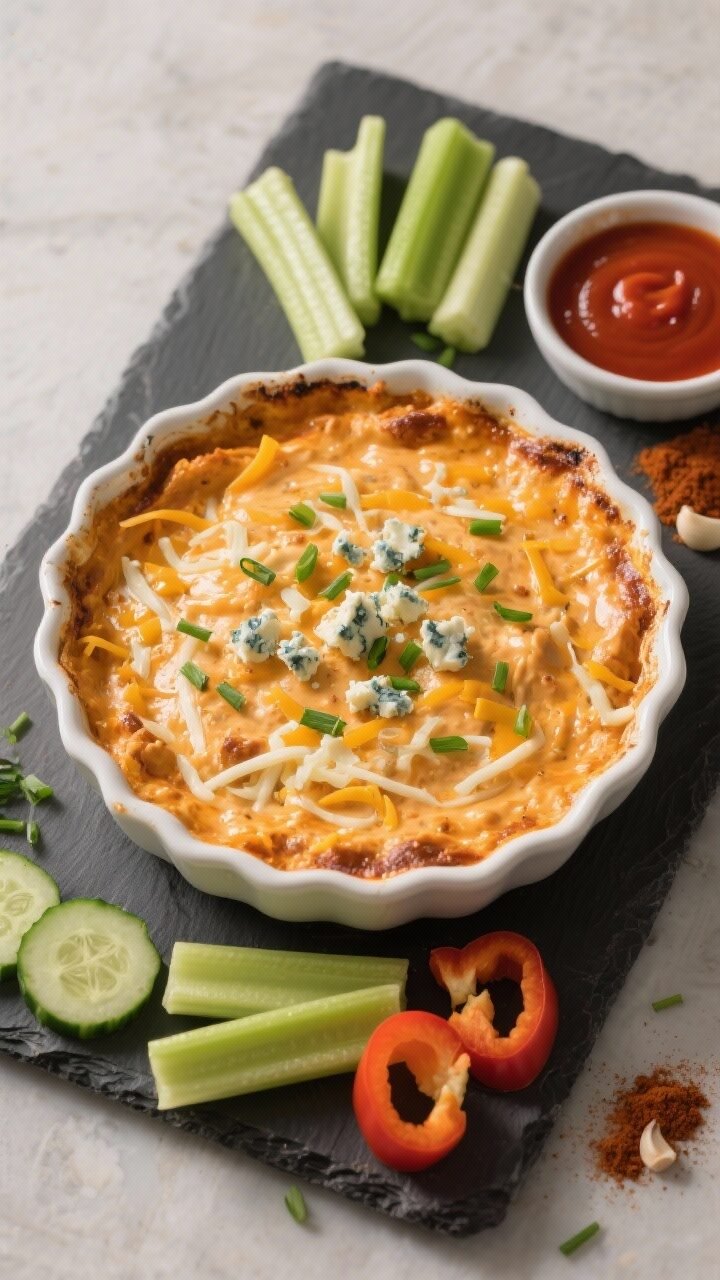 5-way Keto Buffalo Chicken Dip That’ll Steal Every Game Day Spread Overhead shot of Classic Creamy Buffalo Chicken Dip just out of the oven in an 8-inch white baking dish, edges bubbling and lightly golden. The creamy orange-tinted dip shows visible shreds of mozzarella and sharp cheddar, topped with fresh chopped chives and a scatter of crumbled blue cheese. Surround the dish with neat keto dippers: celery sticks, cucumber rounds, and mini bell pepper halves on a matte slate board. Include a small bowl of Frank’s-style buffalo hot sauce and a pinch pot of smoked paprika and garlic powder. Warm, cozy game-day mood, soft side lighting, shallow shadows, crisp detail on the creamy texture.