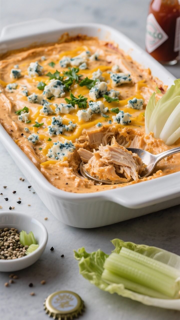 5-way Keto Buffalo Chicken Dip That’ll Steal Every Game Day Spread Straight-on beauty shot of Blue Cheese Crumble Buffalo Dip in a shallow white baking dish, the top mottled with golden cheese and generous blue cheese crumbles. Garnish with finely chopped parsley and a light dusting of cracked black pepper. Include a small dish of celery seeds, a bottle-cap peek of Worcestershire, and a neat stack of celery sticks and endive leaves for dipping. The dip’s creamy, slightly orange base peeks through where a spoon has scooped, showing tender chicken strands. Elegant, bistro-inspired mood with cool-toned lighting to emphasize the tangy blue cheese character.