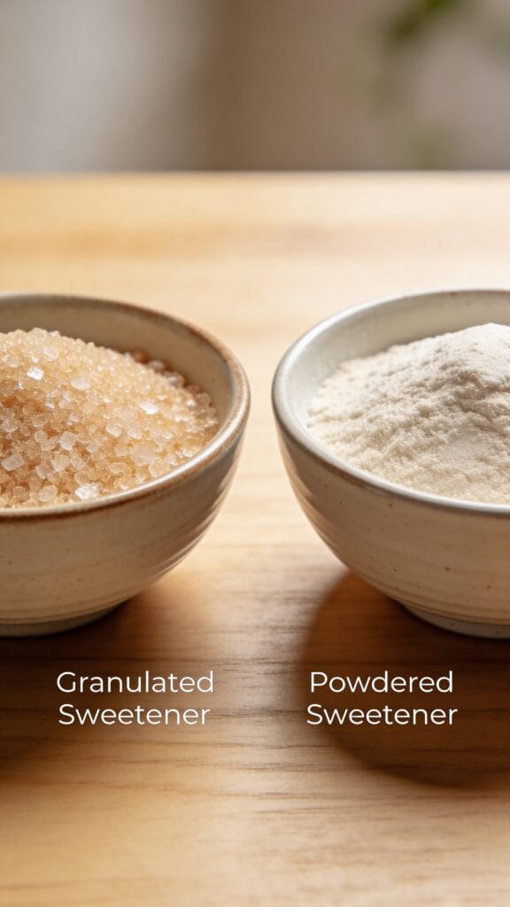 Work in progress photo instruction: two bowls, granulated vs powdered sweetener.