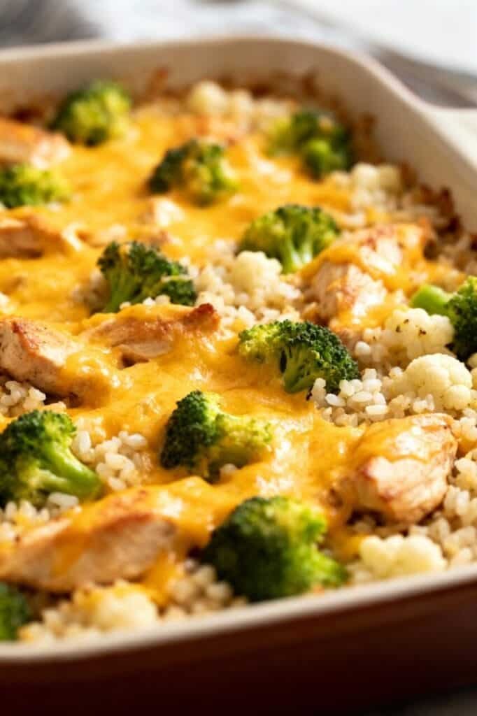 Cheesy Chicken Broccoli Cauliflower Rice Casserole