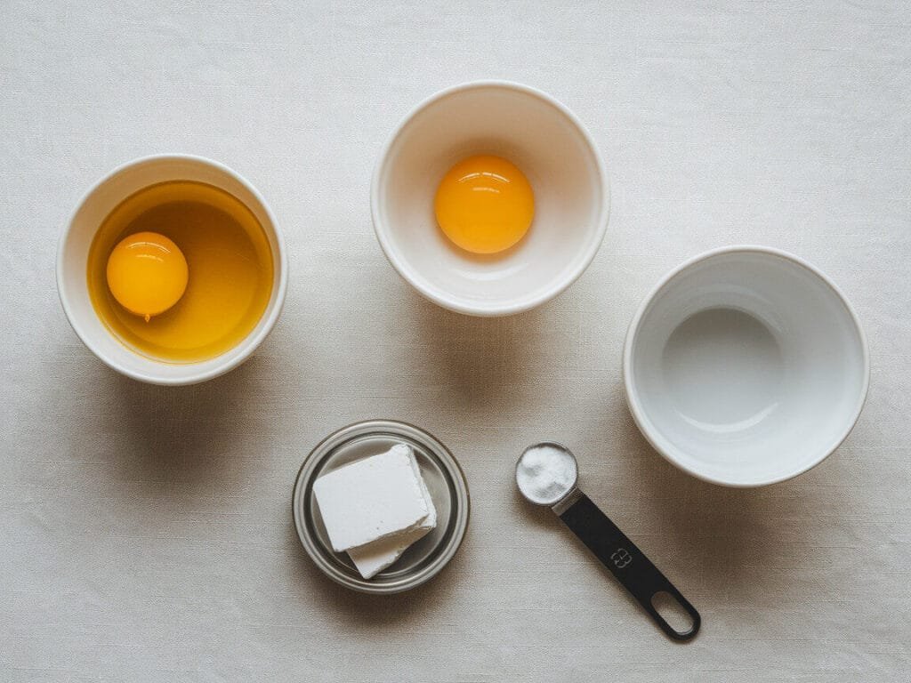 Eggs, cream cheese, and cream of tartar arranged for cloud bread
