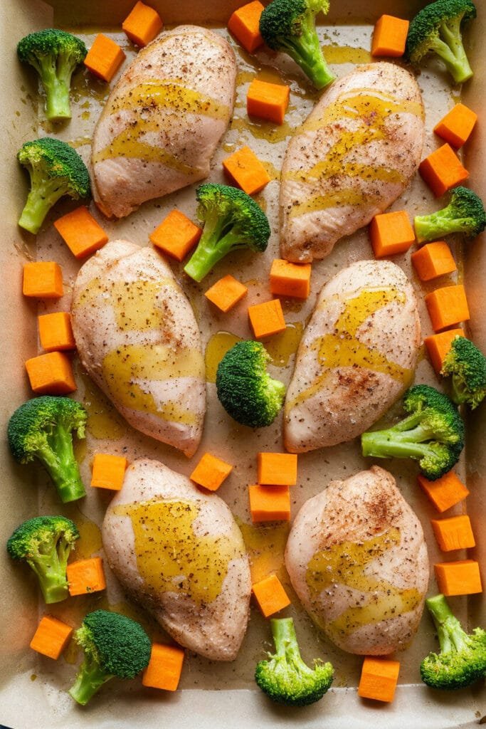 Baked Chicken with Sweet Potatoes & Broccoli