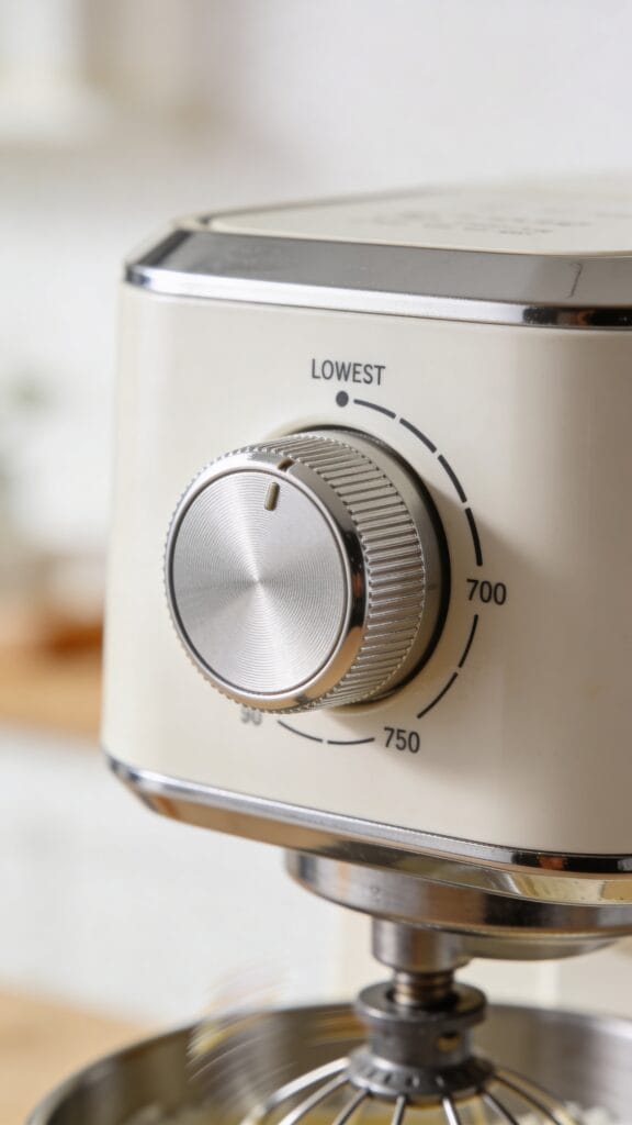 Work in progress photo instruction: mixer on lowest setting, close up of control knob.