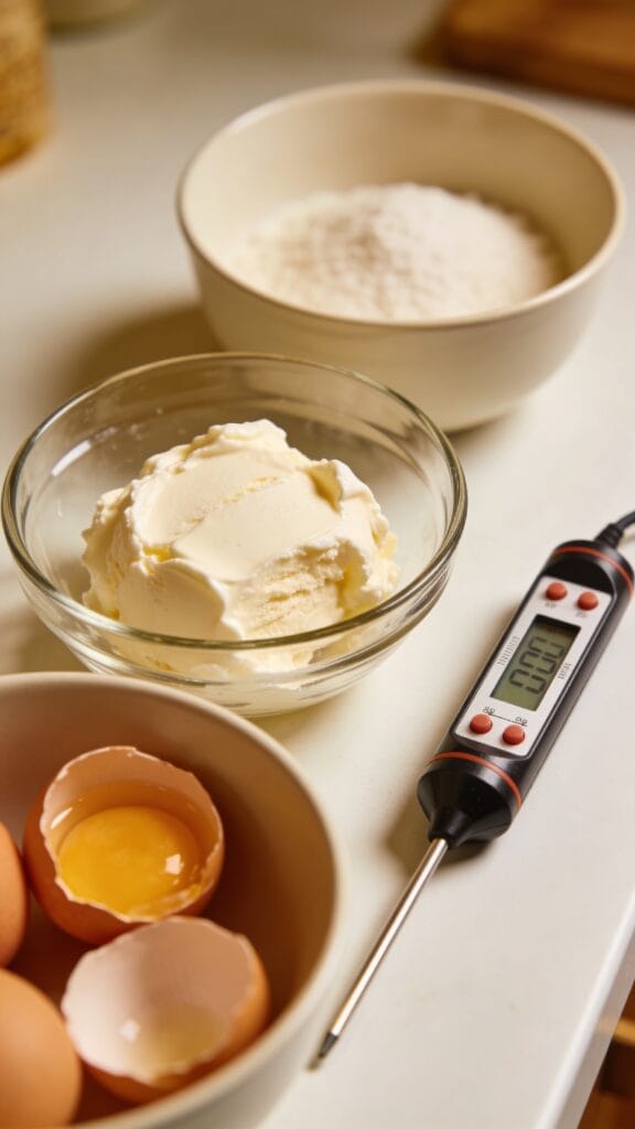 ingredients lined up, cream cheese soft, eggs out, thermometer visible.