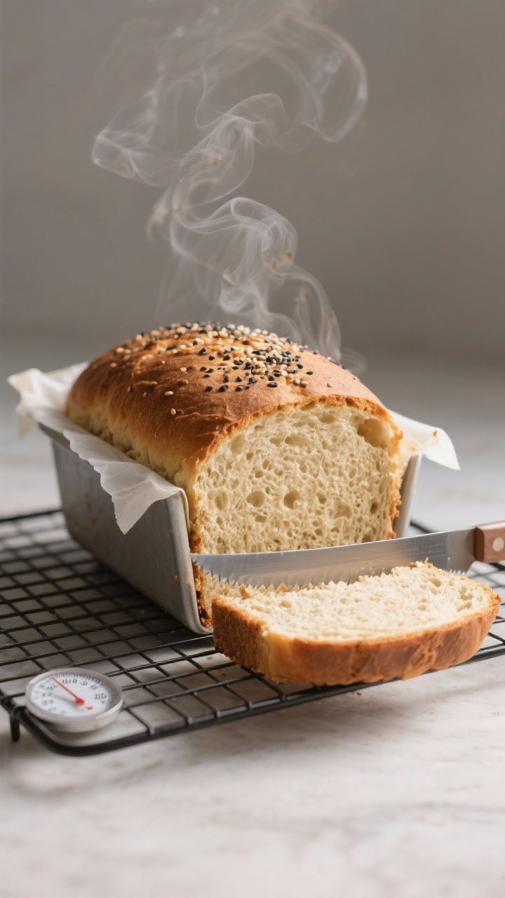 Soft Keto Almond Flour Sandwich Bread - Light, Tender, and Toast-Friendly 5-inch loaf pan lined with parchment overhangs, top gently domed with a light sprinkle of sesame and