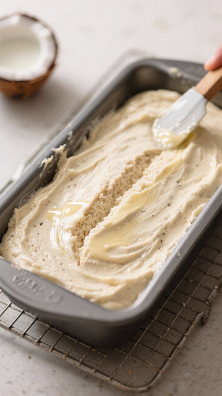 5-inch loaf pan with a wet spatula, a shallow groove down the center for a bakery-style look; focus 