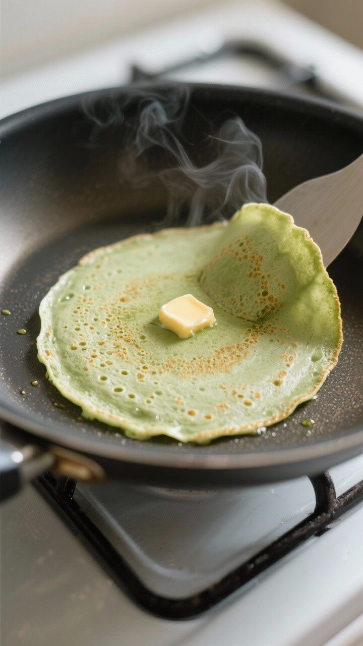 Matcha Coconut Keto Pancake Rolls With Yuzu Cream Swirl – Light, Bright, and Low-Carb Close-up cooking process shot: A thin matcha coconut keto pancake cooking in a nonstick crêpe pan o