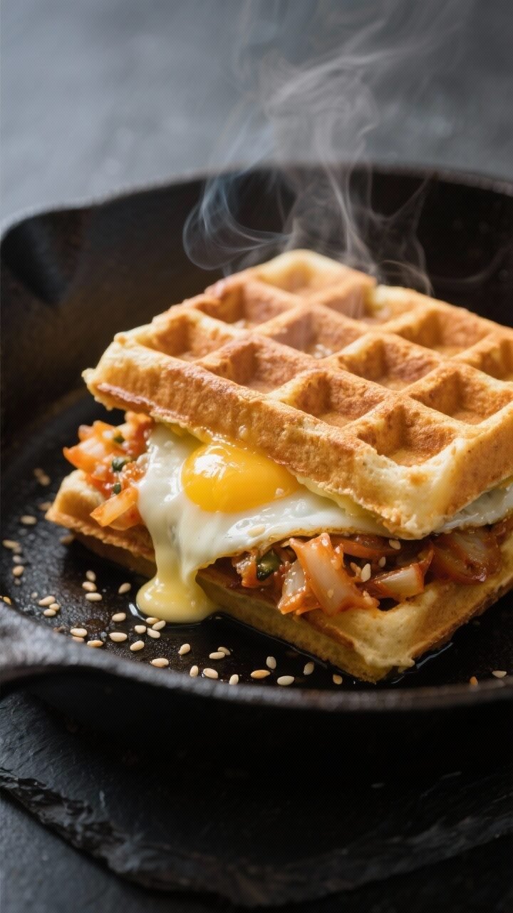Savory Keto Kimchi Waffle Sandwich With Creamy Sesame Egg  Savory Keto Kimchi Waffle Sandwich With Creamy Sesame Egg