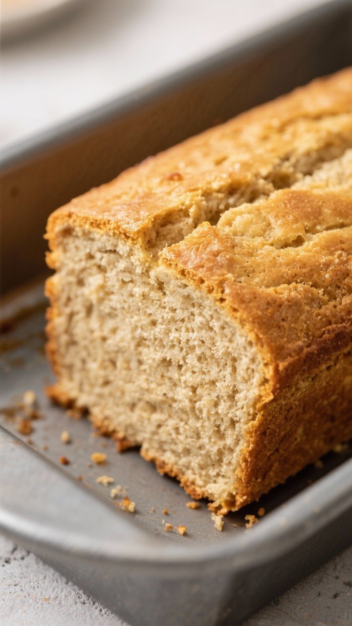 Soft Keto Almond Flour Sandwich Bread - Light, Tender, and Toast-Friendly Close-up detail and process: A golden keto almond flour sandwich loaf just out of the oven in a meta