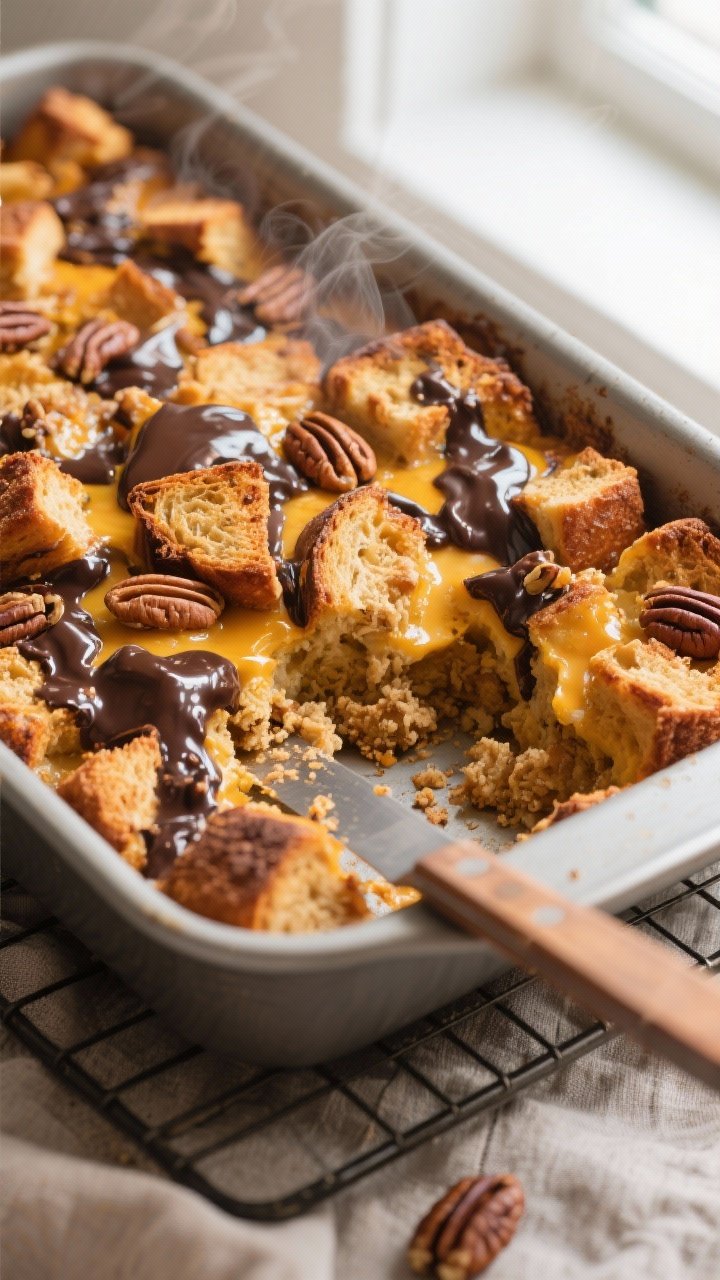 Pumpkin Bread Pudding With Dark Chocolate Chunks - Cozy, Comforting, and Easy Close-up detail, cooking process: A 9x13-inch baking dish of pumpkin bread pudding just pulled from