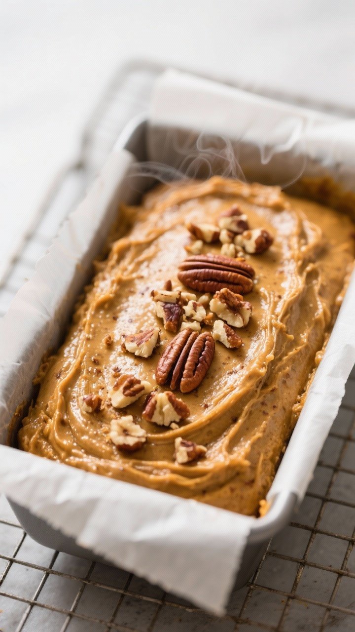 Pumpkin Banana Bread With Toasty Pecans – Cozy, Moist, and Perfectly Spiced Close-up detail, cooking process: A parchment-lined 9x5-inch loaf pan filled with pumpkin banana bre
