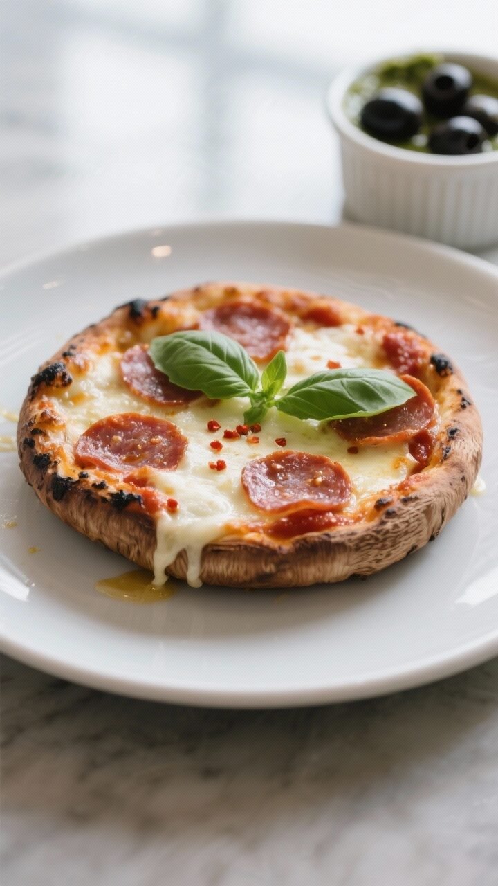 Portobello Cap Keto Pizzas Close-up detail of a single plated Portobello cap keto pizza on a matte white plate, glossy sugar-fr