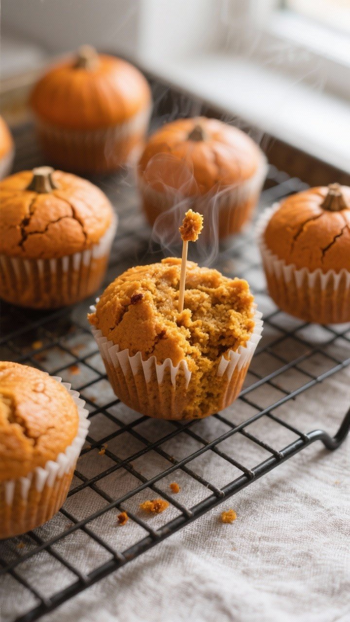 Spiced Pumpkin Cupcakes With Cream Cheese Frosting - Cozy, Moist, and Perfect for Fall Close-up detail/process shot: A just-baked tray of spiced pumpkin cupcakes cooling on a wire rack, g