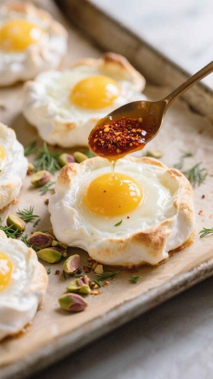 Keto Turkish Cloud Eggs With Chili Butter & Crushed Pistachios – Light, Flavorful, and Low-Carb Close-up detail shot: Just-baked cloud eggs on a parchment-lined tray after the second bake, yolks g