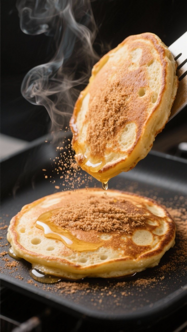Close-up process shot: A golden-brown keto protein pancake just flipped on a nonstick griddle, 3–4