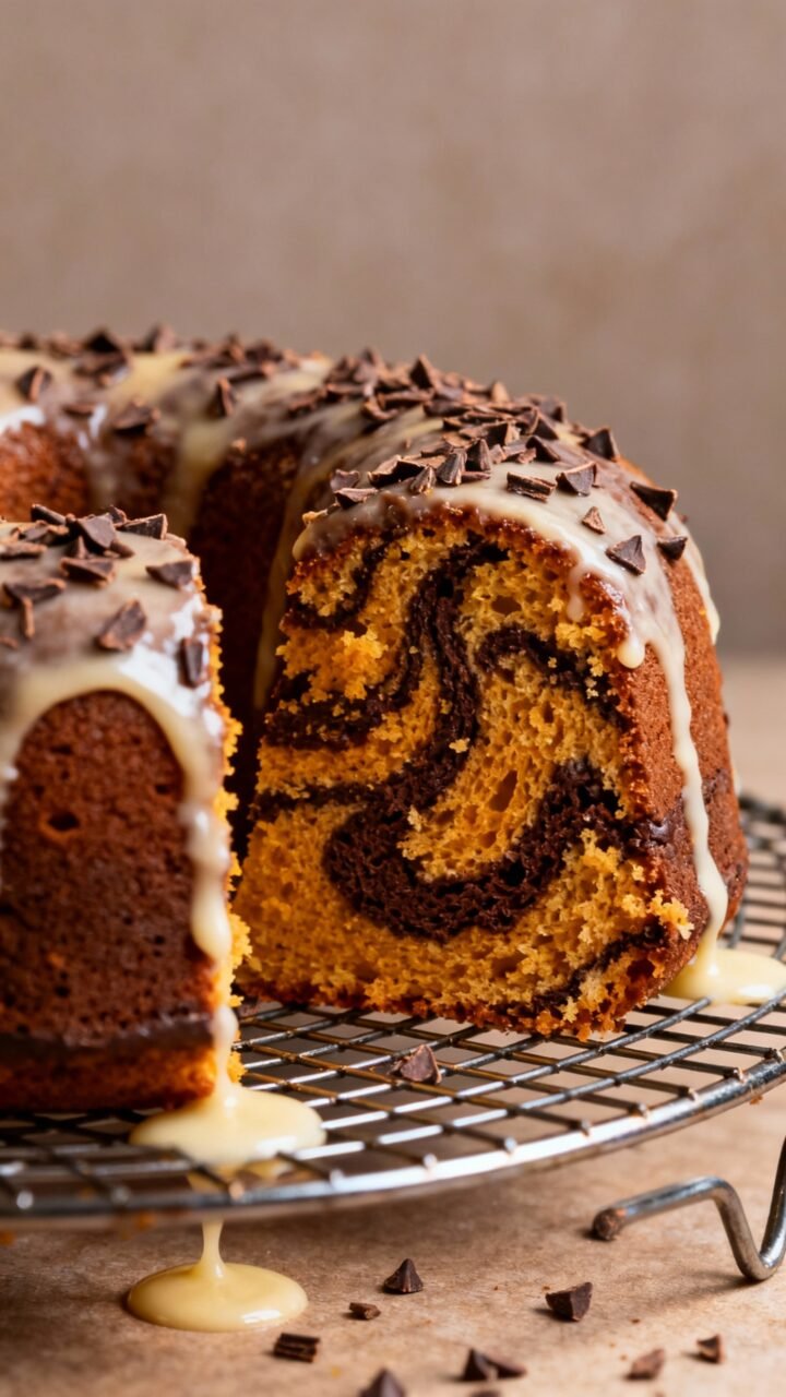 Chocolate-pumpkin Swirl Bundt Cake Closeup marbled chocolate-pumpkin bundt slice, tender crumb, vanilla glaze drips, cocoa nibs, on coo