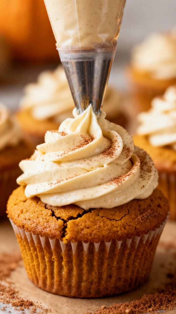 Spiced Pumpkin Cupcakes With Cream Cheese Frosting Closeup piping bag swirling cream cheese frosting onto pumpkin cupcake, cinnamon-sugar dust visible