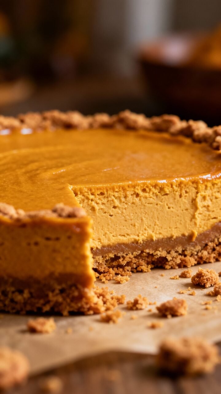 Pumpkin Cheesecake Bars With Gingersnap Crust Closeup pumpkin cheesecake bar on gingersnap crust, clean slice