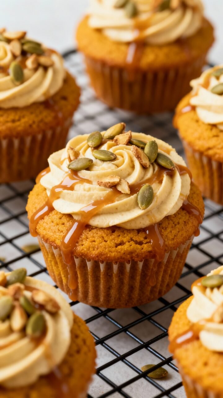 Spiced Pumpkin Cupcakes With Cream Cheese Frosting Closeup pumpkin cupcakes with cream cheese swirls, caramel drizzle, toasted pepitas on cooling rack