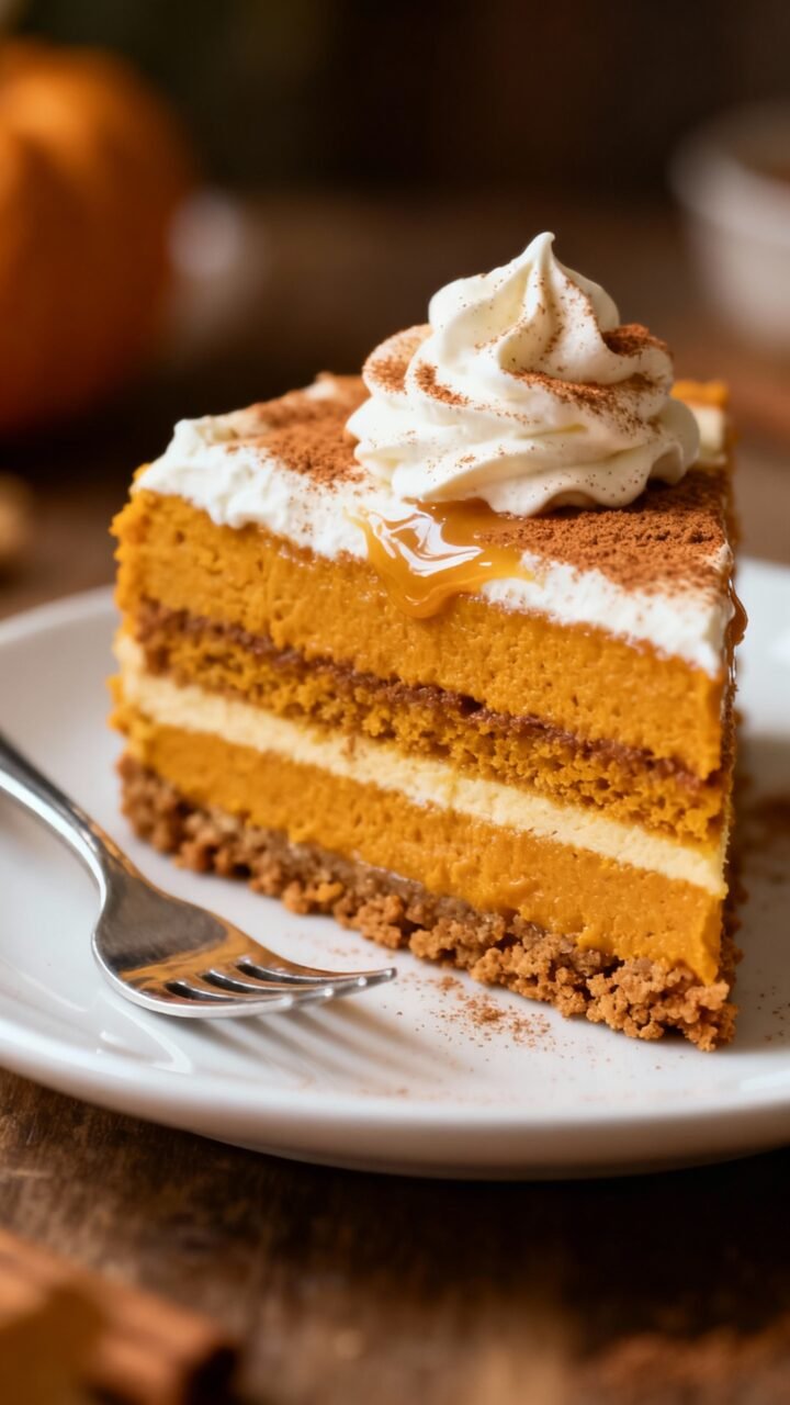 No-bake Four-layer Pumpkin Delight Dessert Closeup slice of four-layer pumpkin dessert, clean layers, cinnamon dust, gingersnap crust, glossy w