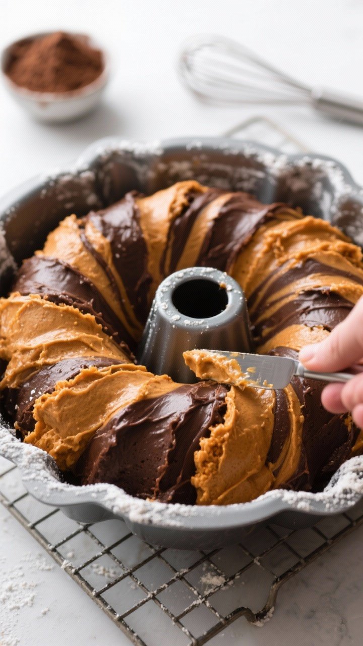 Chocolate-Pumpkin Swirl Bundt Cake - Moist, Cozy, and Beautiful Cooking process close-up: A 10–12 cup bundt pan on a wire rack, half-filled with alternating scoop