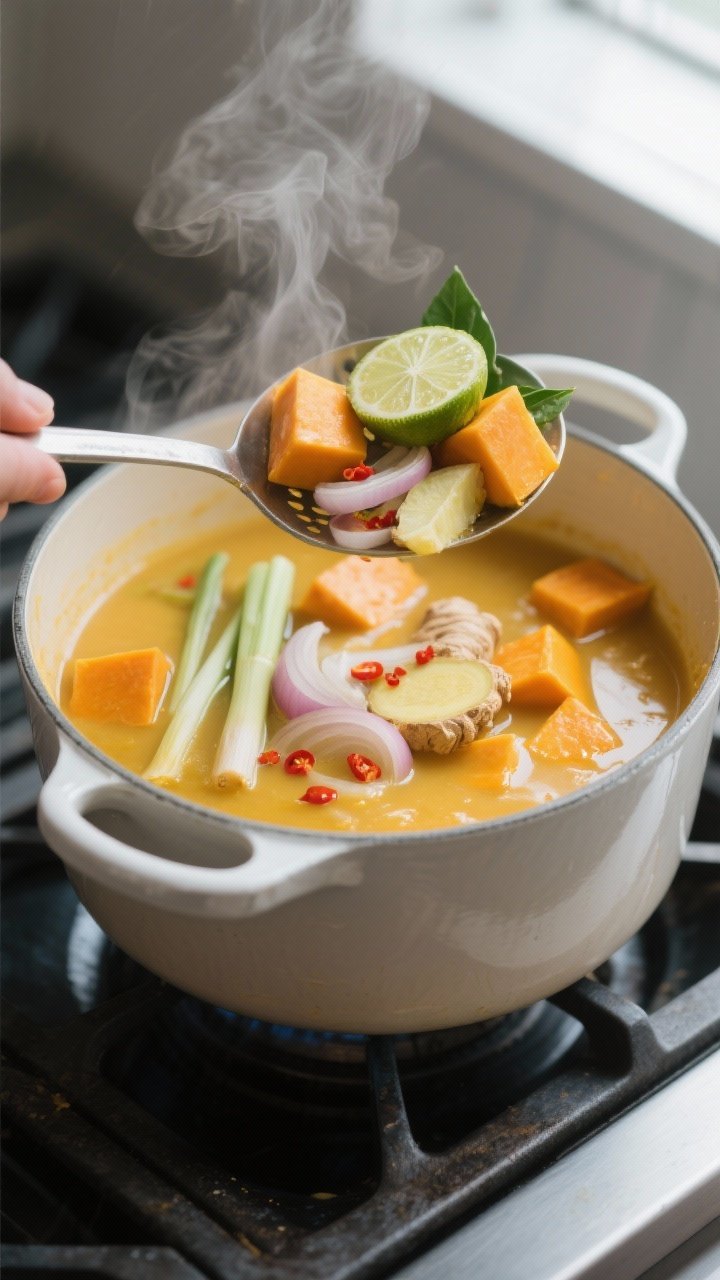Keto Pumpkin Soup With Lemongrass and Lime Leaf - Bright, Creamy, and Comforting Cooking process close-up: A glossy pot of simmering keto pumpkin soup just before blending, showing