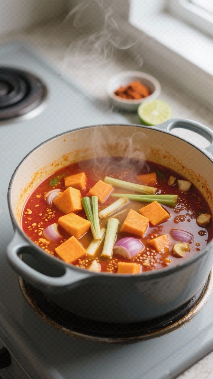 Creamy Thai Coconut Pumpkin Soup With Lemongrass Cooking process close-up: A large pot on the stovetop with the pumpkin soup mid-simmer just before b