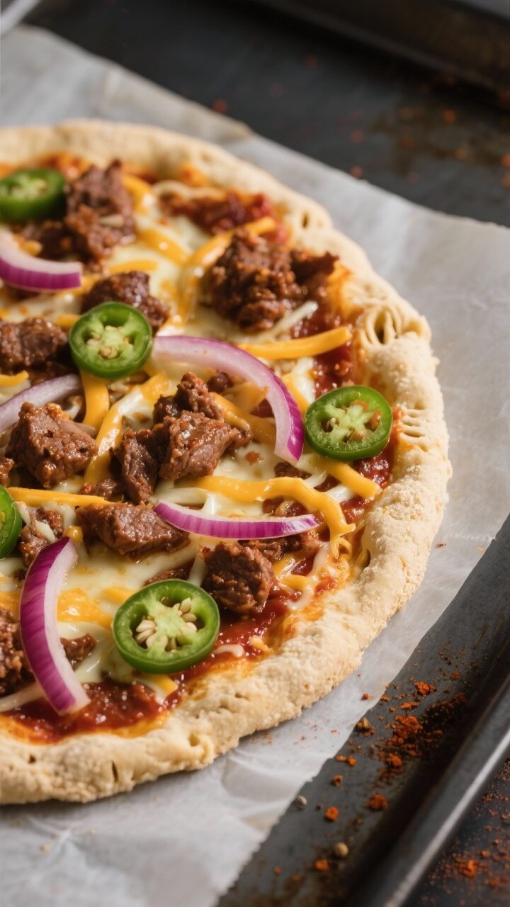 Keto Taco Pizza, Chipotle Crema - A Flavor-Packed Low-Carb Favorite Cooking process close-up: A par-baked almond flour–mozzarella “fathead” pizza crust on parchme