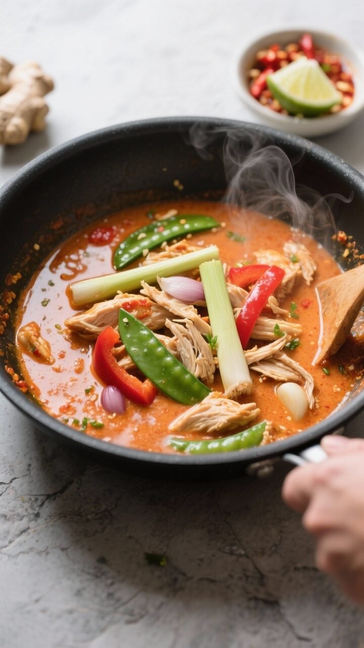 Cooking process close-up: A wide skillet of simmering Thai lemongrass coconut keto curry base mid-co
