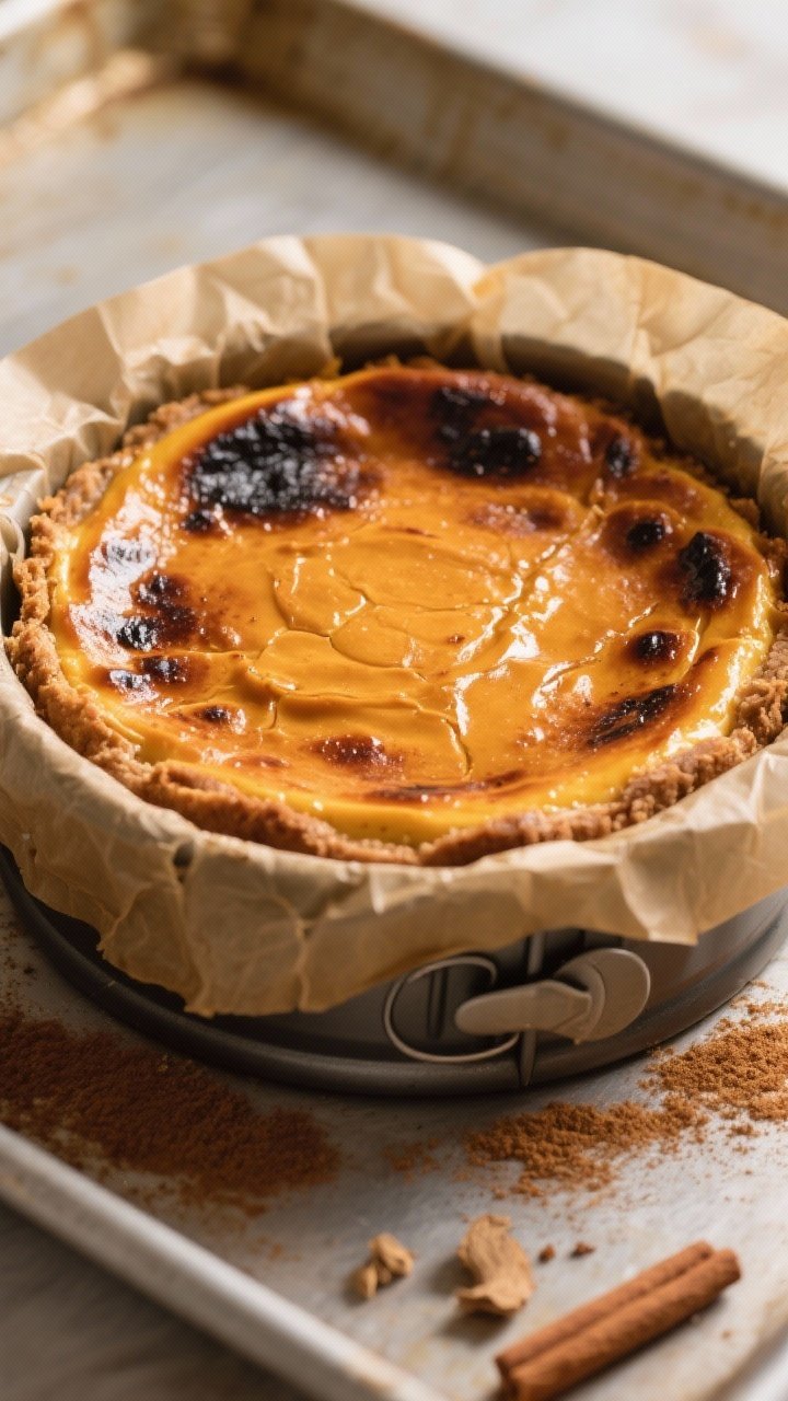 Pumpkin Basque-Style Cheesecake Cooking process, close-up detail: Close-up of a Pumpkin Basque-Style Cheesecake just out of the oven