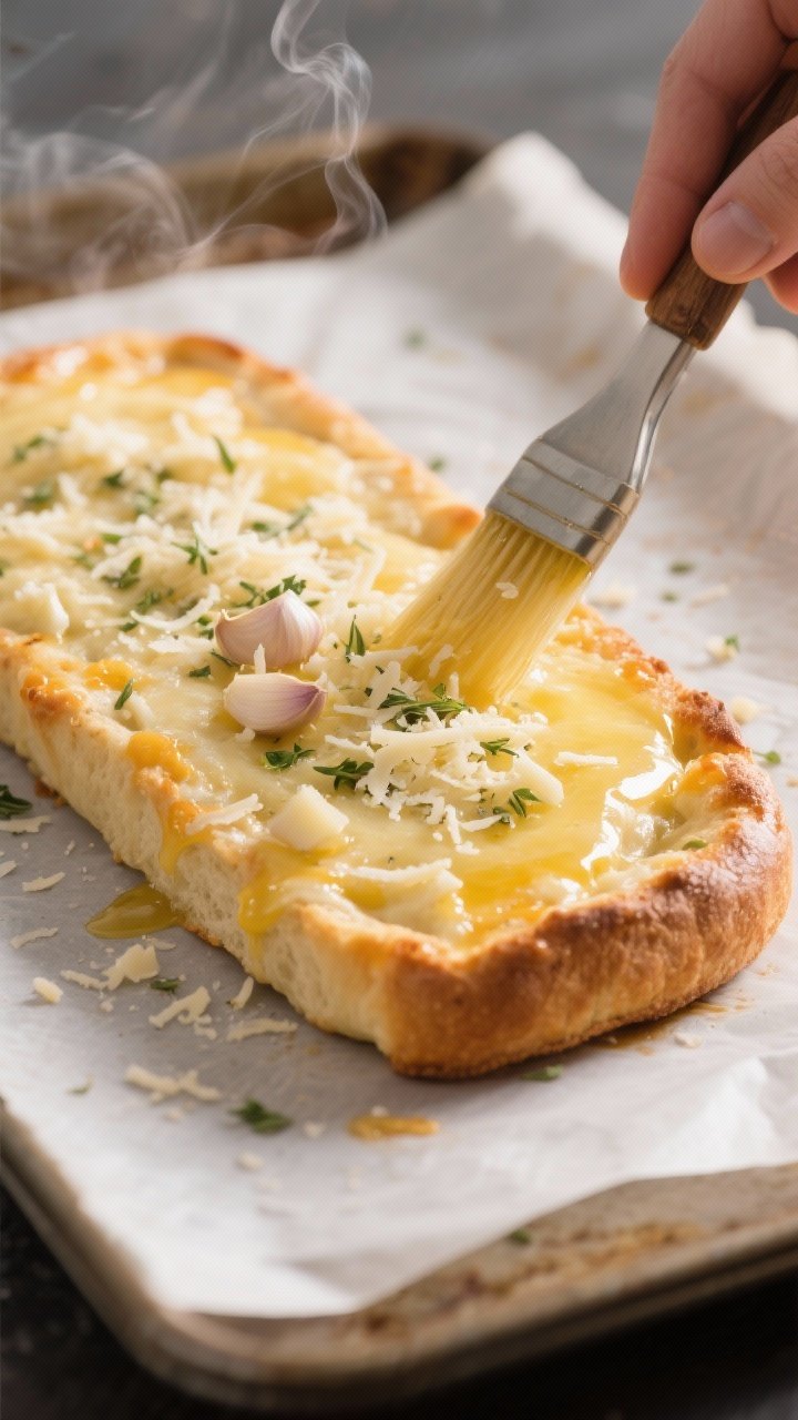 Keto Fathead Garlic Breadsticks - Cheesy, Buttery, Low-Carb Comfort Cooking process close-up: Par-baked Fathead garlic bread rectangle just out of the oven, edges light