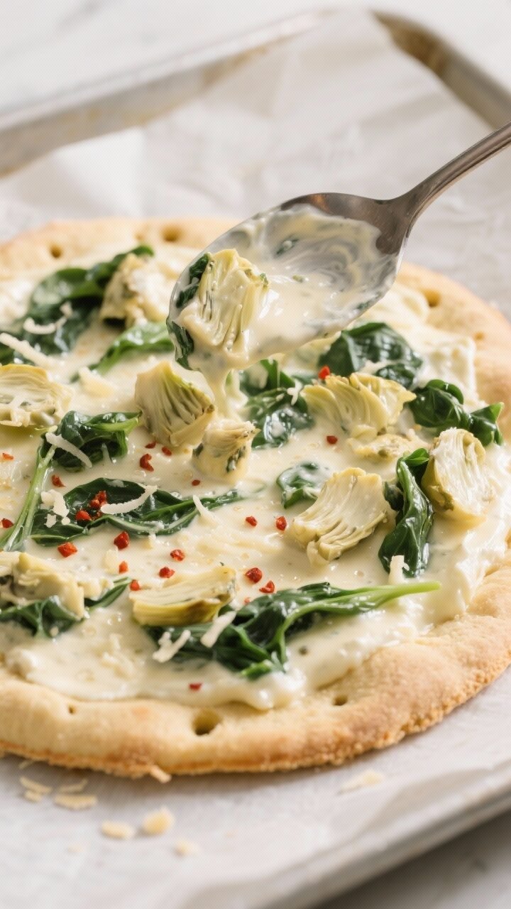 Spinach Artichoke Keto Pizza with Creamy Topping - Comforting, Low-Carb Pizza Night Cooking process close-up: Par-baked keto almond-flour mozzarella crust on a parchment-lined pizza pa