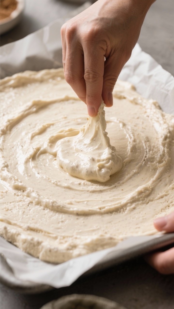 Cooking process close-up: Thick, spreadable coconut flour batter being smoothed into a parchment-lin