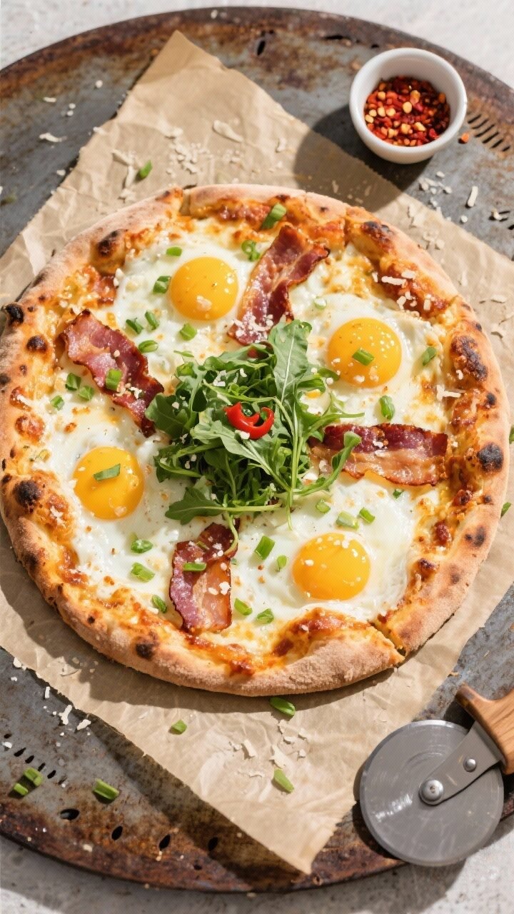 Breakfast Keto Pizza with Bacon and Eggs - A Satisfying Low-Carb Morning Favorite Final dish overhead: Fully baked Breakfast Keto Pizza, Bacon and Eggs on parchment over a rustic piz