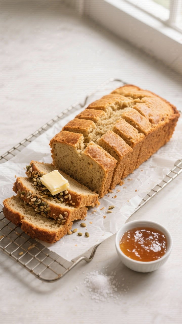 Final dish overhead: Golden keto coconut flour loaf fully baked and cooled, sliced into 12 neat piec