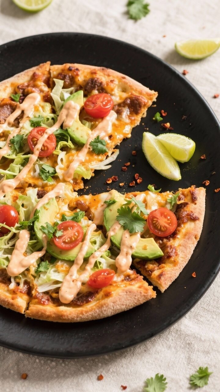 Keto Taco Pizza, Chipotle Crema - A Flavor-Packed Low-Carb Favorite Final dish overhead: Keto Taco Pizza fully baked and garnished, sliced into wedges on a matte black